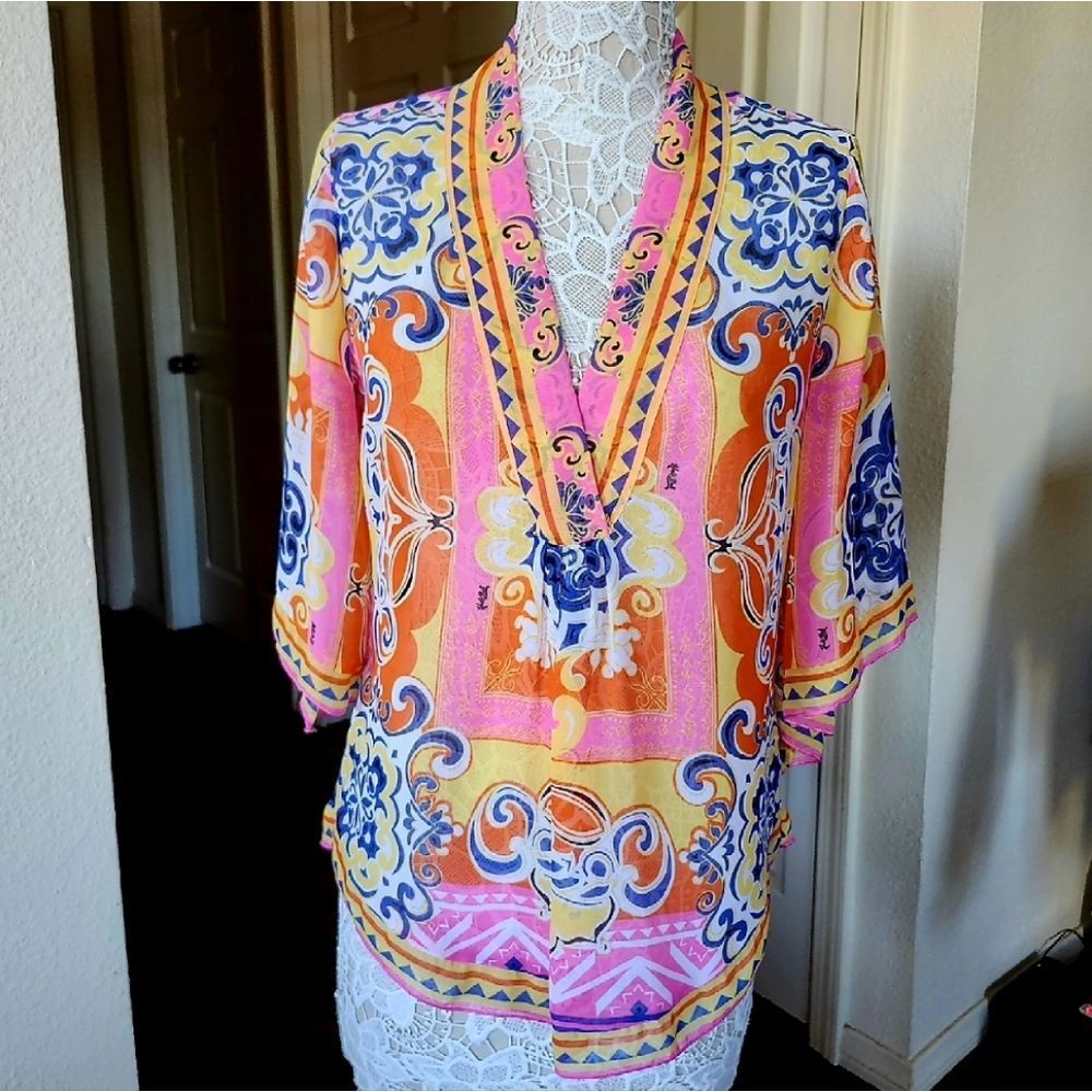 Hale Bob Bell Sleeve Semi-sheer Blouse Size Small